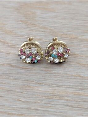 Gold Multicolor Crystal Button Earrings - Women Jewelry